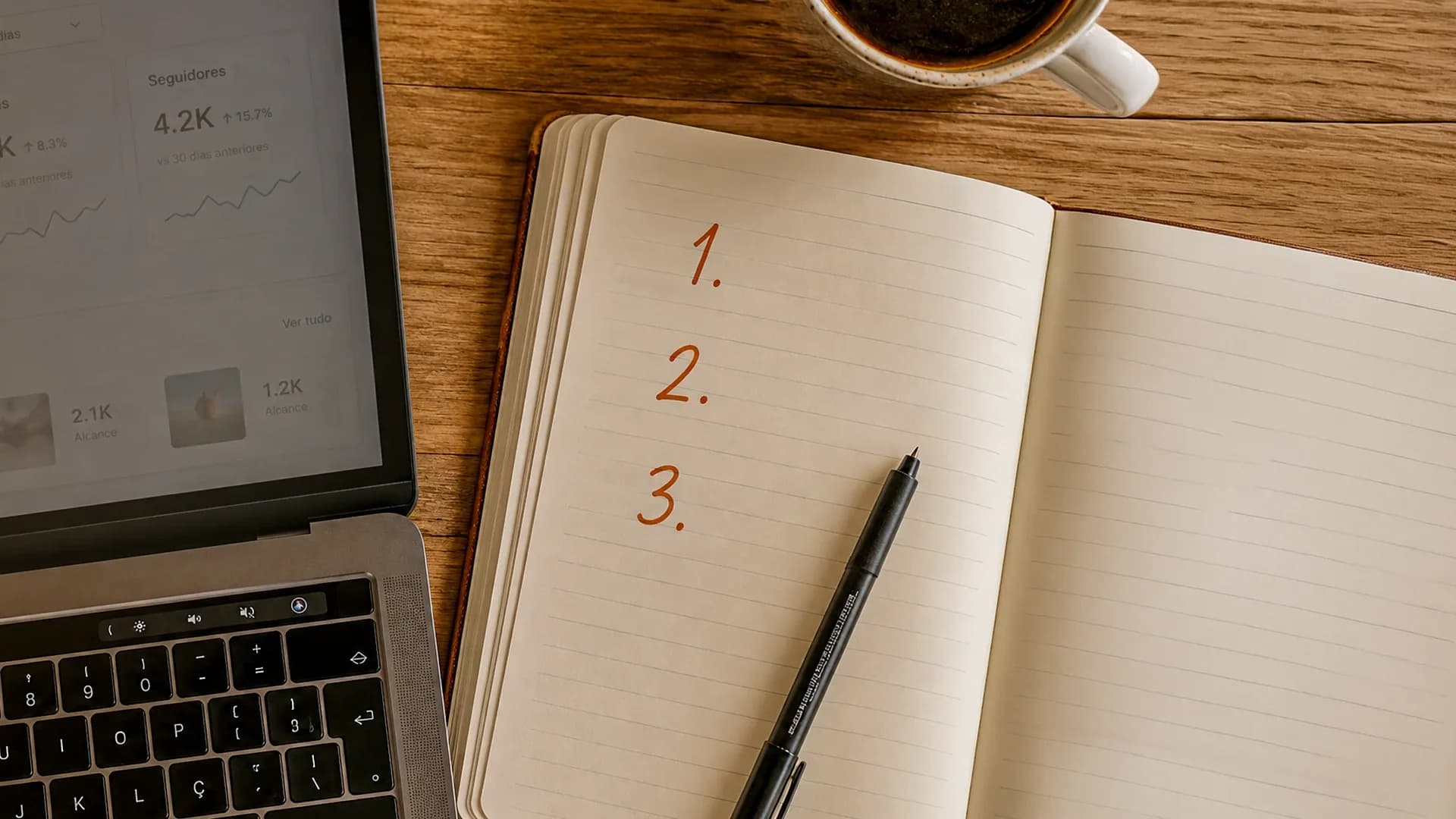 Caderno para escrever os 3 números que importam de verdade no marketing. Notebook ao lado, caneta e café.