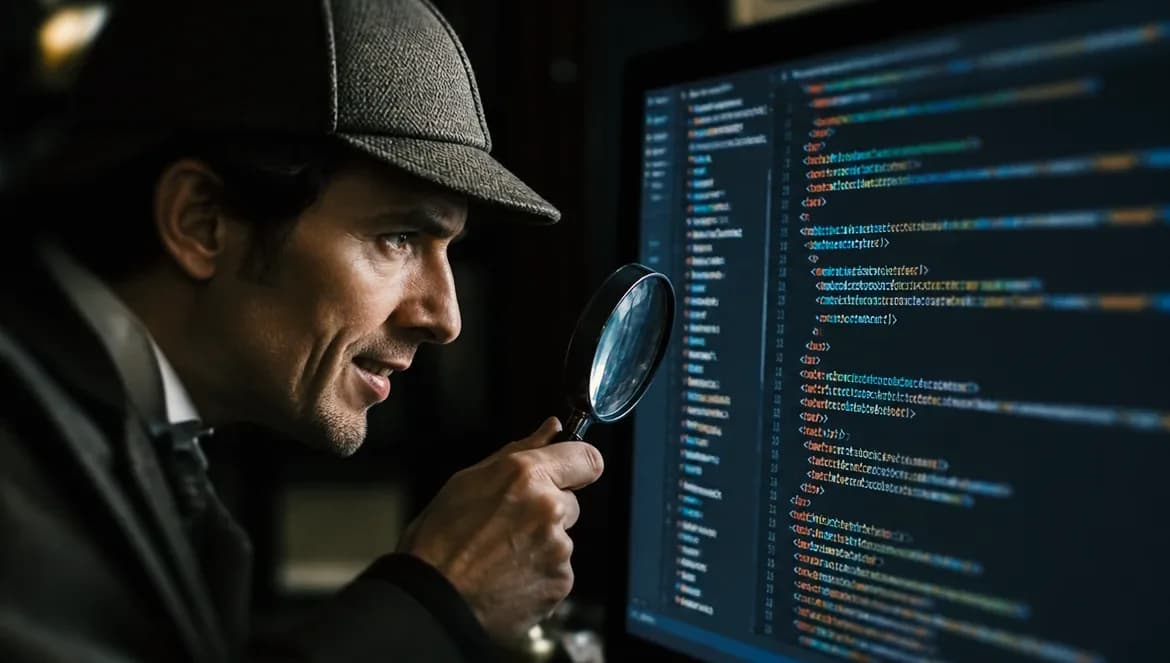 Investigador olha para os dados na tela com uma lupa. Ele busca descobrir se o problema do tráfego foi causado pelo site.