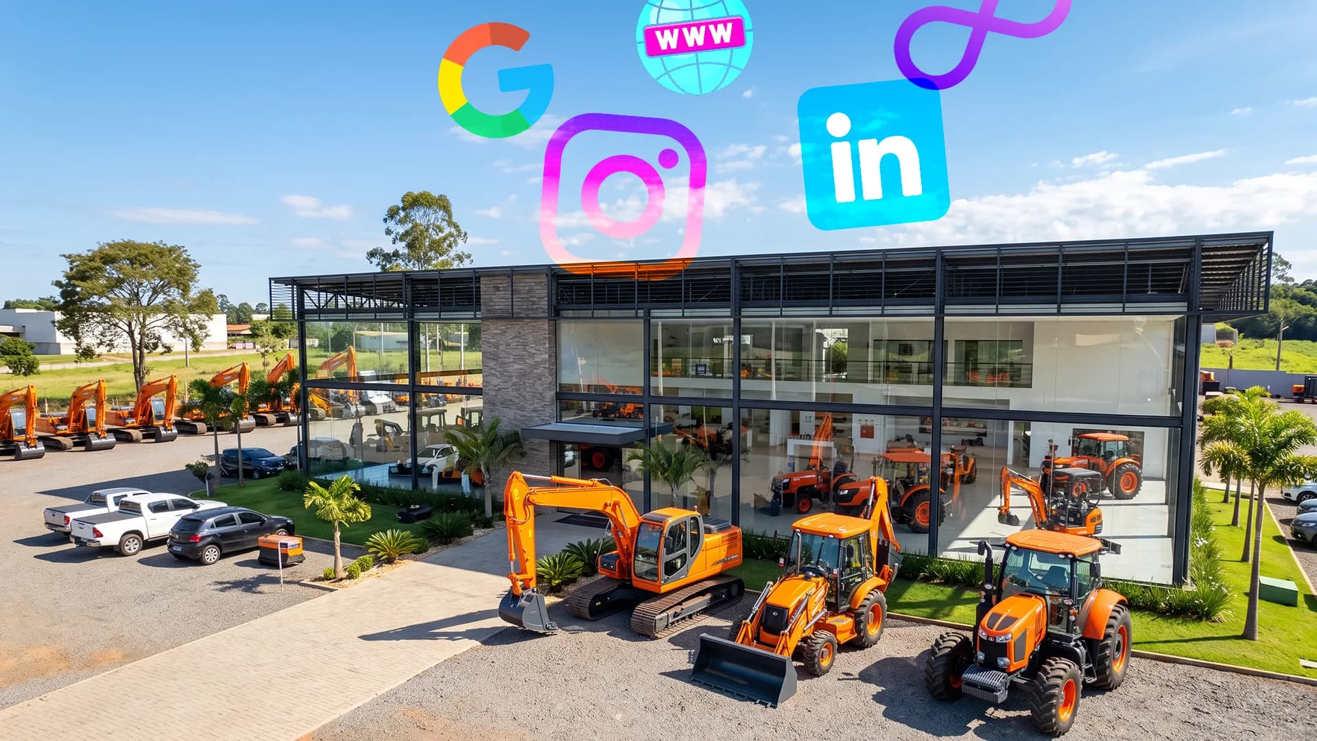 Concessionária com fachada de vidro exibindo diversas escavadeiras e tratores laranjas no pátio. Acima do prédio, flutuam grandes ícones digitais coloridos de internet e redes sociais simbolizando a busca com IA