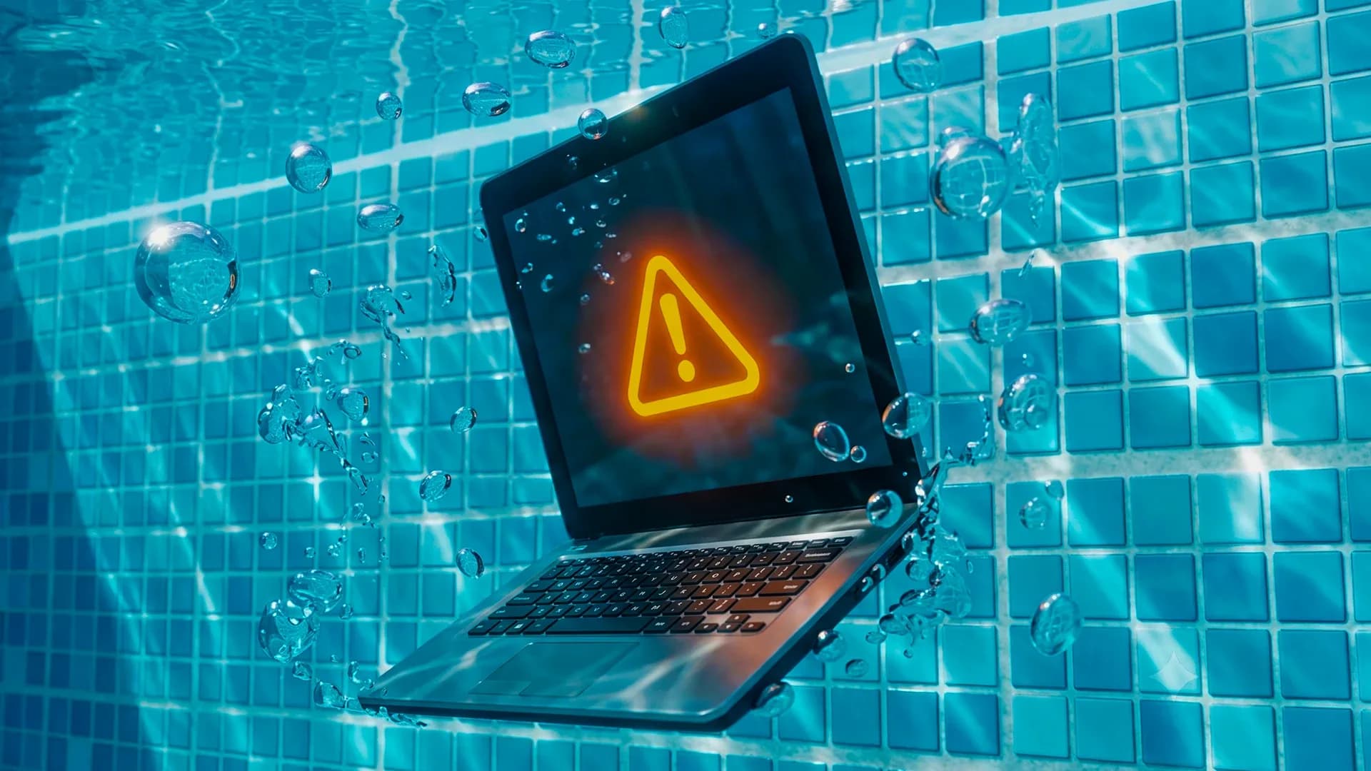 sinal de alerta em amarelo na tela de um notebook. O notebook está dentro da água de uma piscina. Todos os elementos simbolizam a queda de tráfego no GA4.