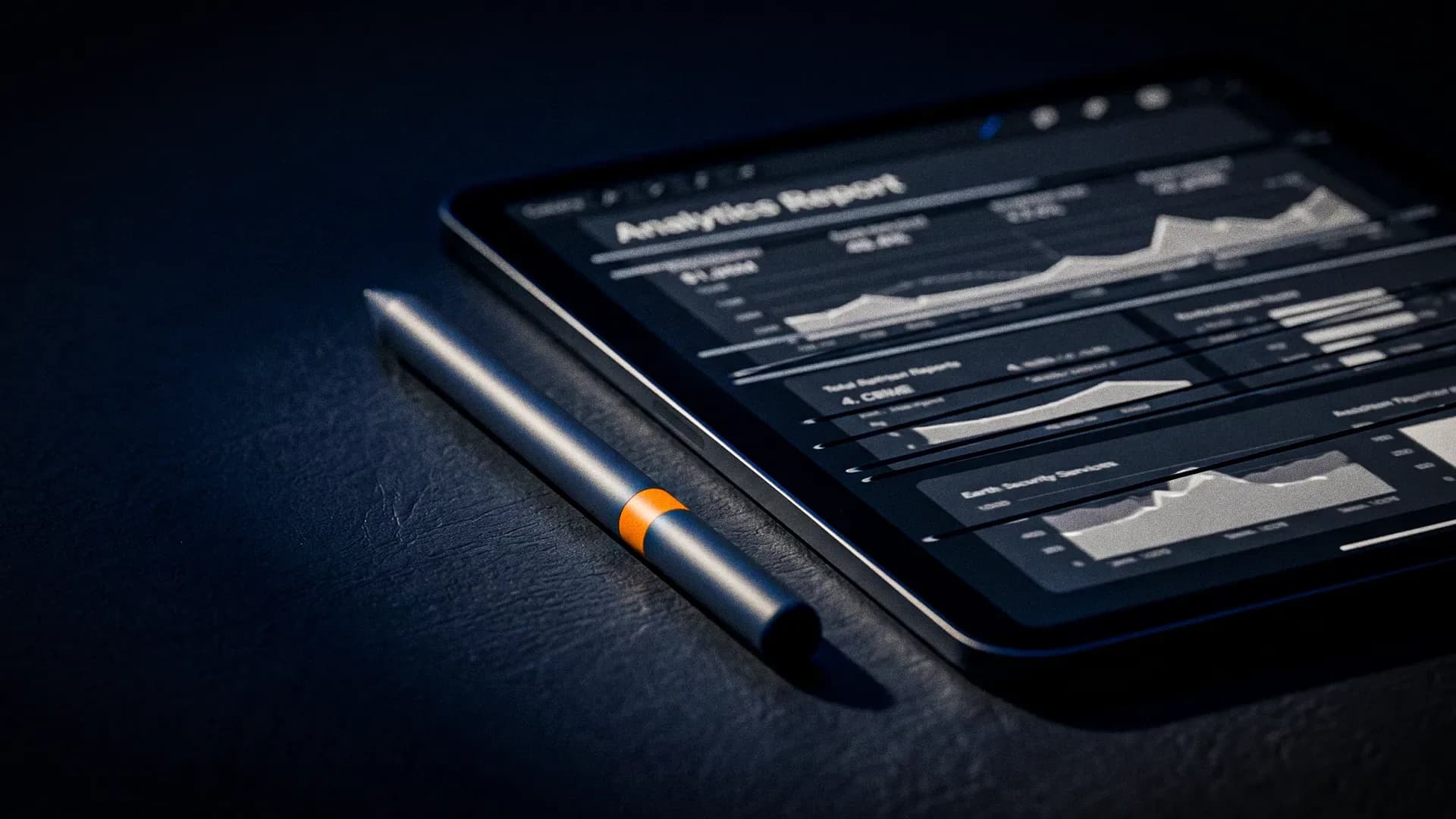 Tablet sobre uma superfície escura exibindo gráficos e o título "Analytics Report". Uma caneta digital preta com um detalhe laranja repousa ao lado do aparelho, simbolizando o valor percebido no marketing