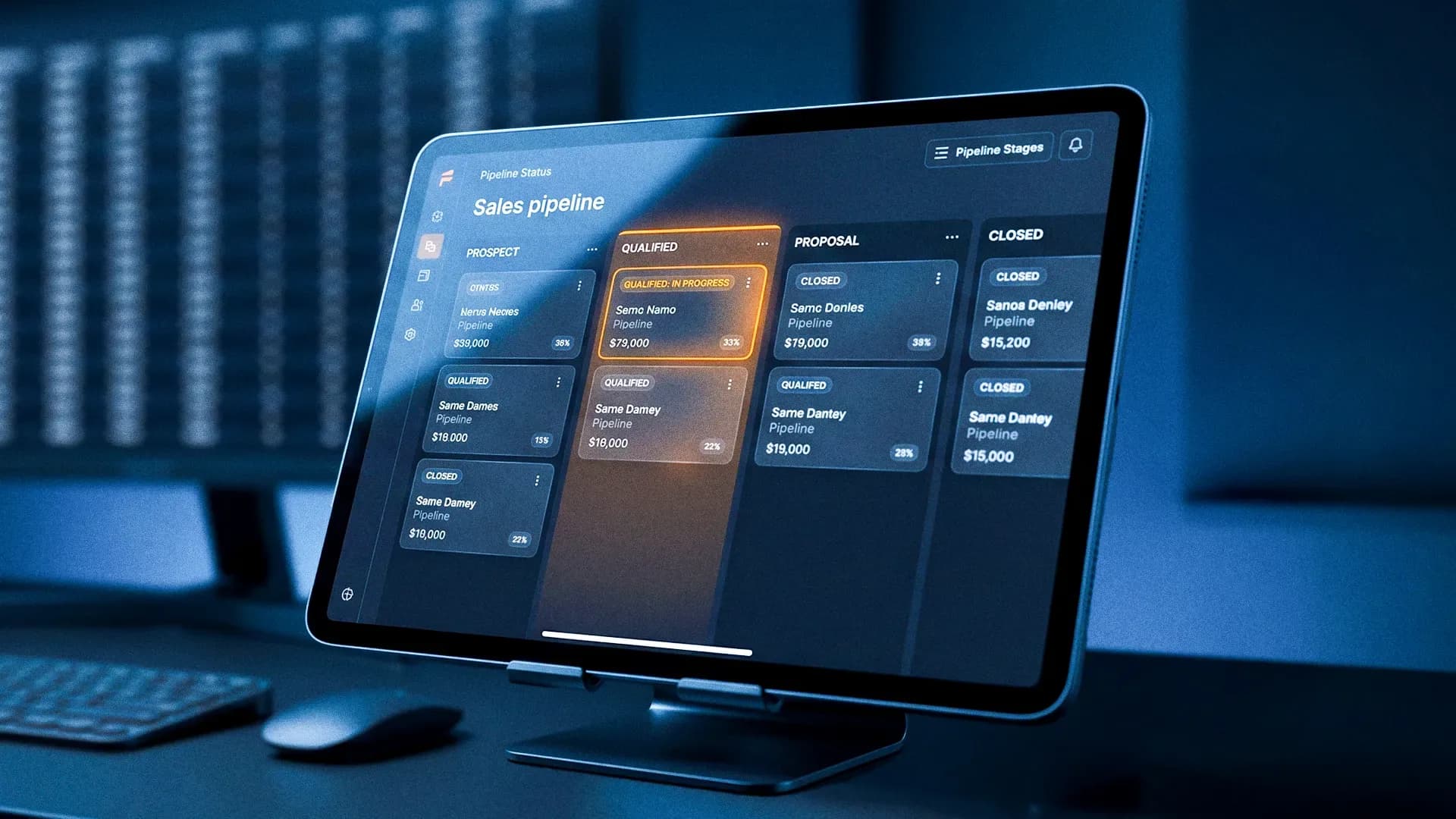 Tablet em um suporte sobre uma mesa exibindo um painel com o título "Sales pipeline" e colunas como "PROSPECT", "QUALIFIED" e "CLOSED" para mostrar os leads de feira agro.
