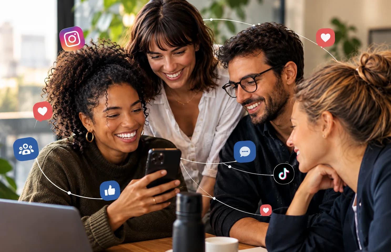 Grupo de amigos sorri olhando um celular, cercado por ícones de redes sociais, curtidas e comentários