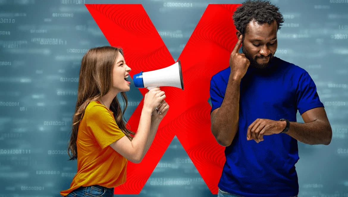 Mulher falando em um megafone enquanto um homem tapa o ouvido e ignora a mensagem, com um grande X vermelho ao fundo, simbolizando erros de comunicação e mensagens que não alcançam o público.