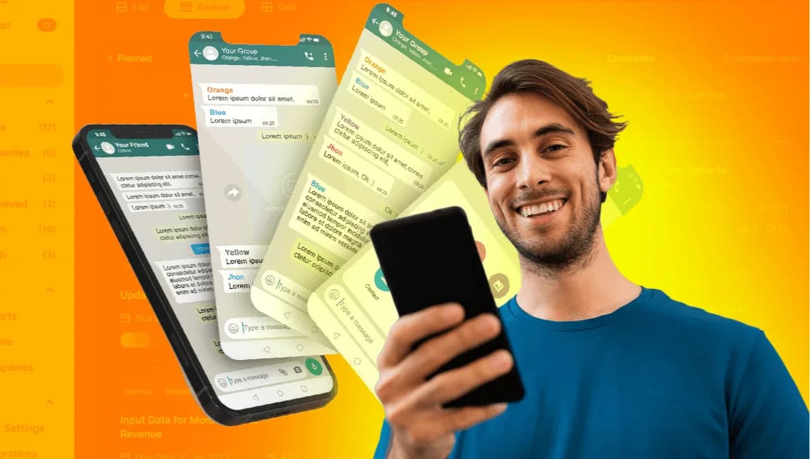Homem sorrindo enquanto segura o celular, com várias telas de conversas do WhatsApp flutuando ao fundo. O cenário tem um gradiente vibrante em amarelo e laranja, criando destaque para o tema de comunicação e atendimento digital.