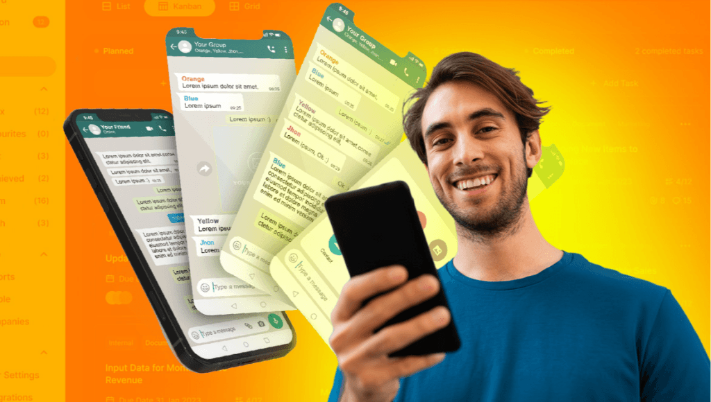 Homem sorrindo enquanto segura o celular, com várias telas de conversas do WhatsApp flutuando ao fundo. O cenário tem um gradiente vibrante em amarelo e laranja, criando destaque para o tema de comunicação e atendimento digital.