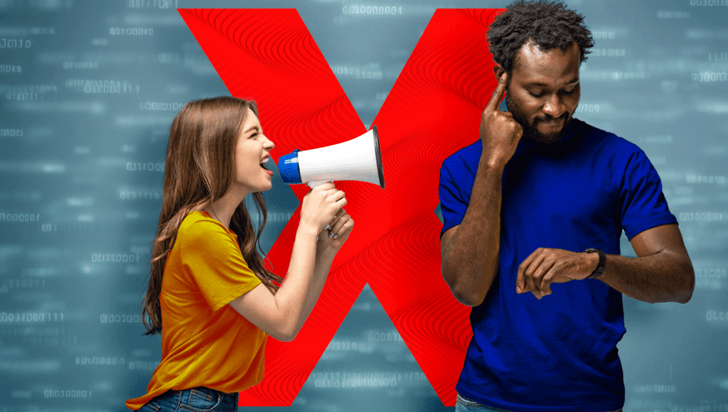 Mulher falando em um megafone enquanto um homem tapa o ouvido e ignora a mensagem, com um grande X vermelho ao fundo, simbolizando erros de comunicação e mensagens que não alcançam o público.