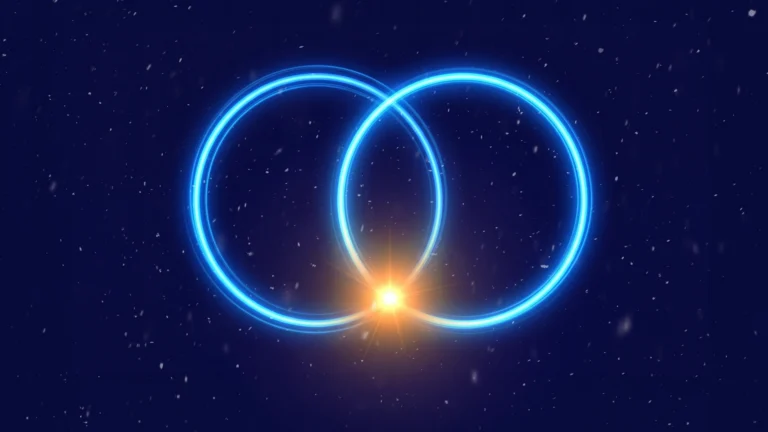 Visualização abstrata de ciclo de dados em fundo navy escuro. Dois nós conectados por arcos de luz, representando o ciclo de exploração e avaliação no Messy Middle antes da decisão de compra.