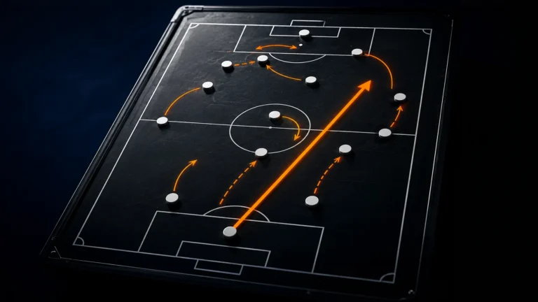 Representação de um campo de futebol com círculos sendo os jogadores e setas na cor laranja mostrando a estratégia usada com a mídia paga no marketing.