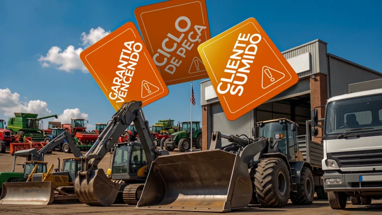 Três placas laranjas de pós-venda sobre um pátio de concessionária com máquinas pesadas e tratores estacionados. As placas exibem os textos: GARANTIA VENCENDO, CICLO DE PEÇA e CLIENTE SUMIDO.