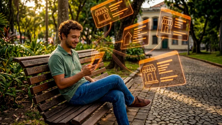 Homem jovem sentado em um banco de praça arborizada olhando para o celular. Painéis holográficos laranjas brilhantes, contendo ícones de lojas e linhas de texto, se projetam da tela simbolizendo a busca por IA.