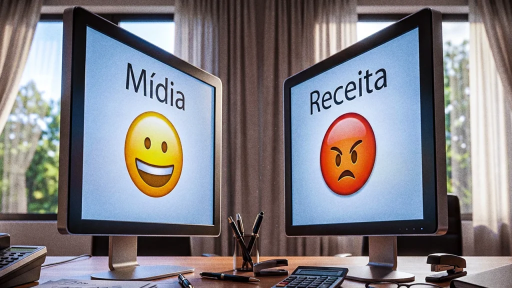 Dois monitores de computador sobre uma mesa de escritório exibem reações opostas. O monitor da esquerda mostra a palavra "Mídia" acima de um emoji amarelo sorridente, enquanto o da direita exibe "Receita" acima de um emoji vermelho zangado.