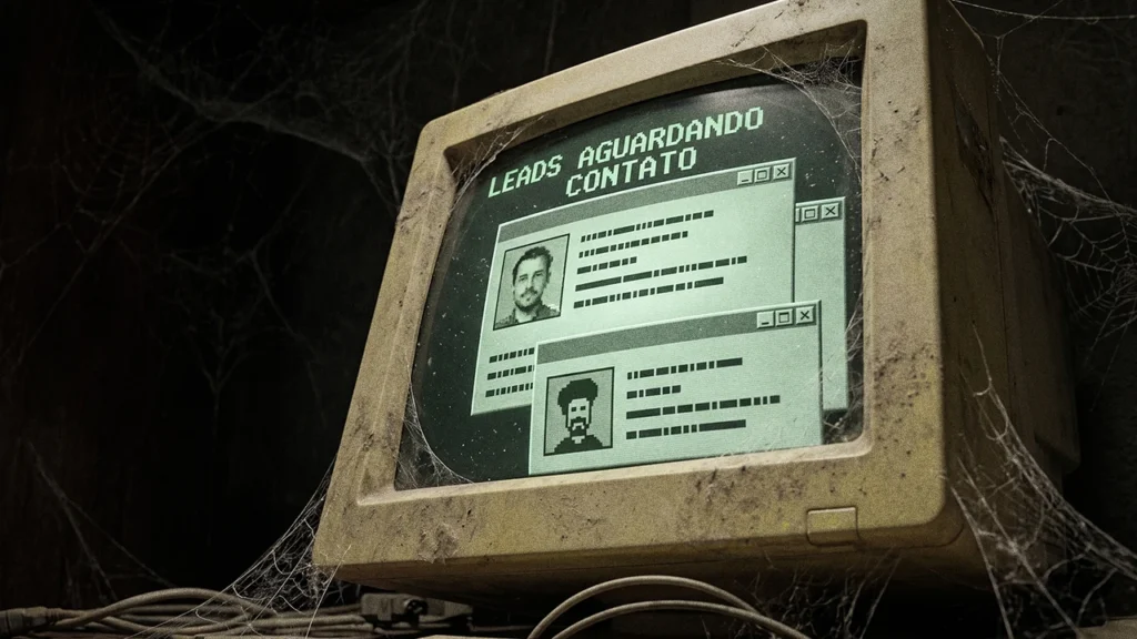 Um monitor de computador antigo e bege, coberto por teias de aranha e poeira, está ligado em um ambiente escuro. A tela esverdeada exibe o texto "LEADS AGUARDANDO CONTATO" acima de duas caixas de informações com fotos de perfis pixeladas.