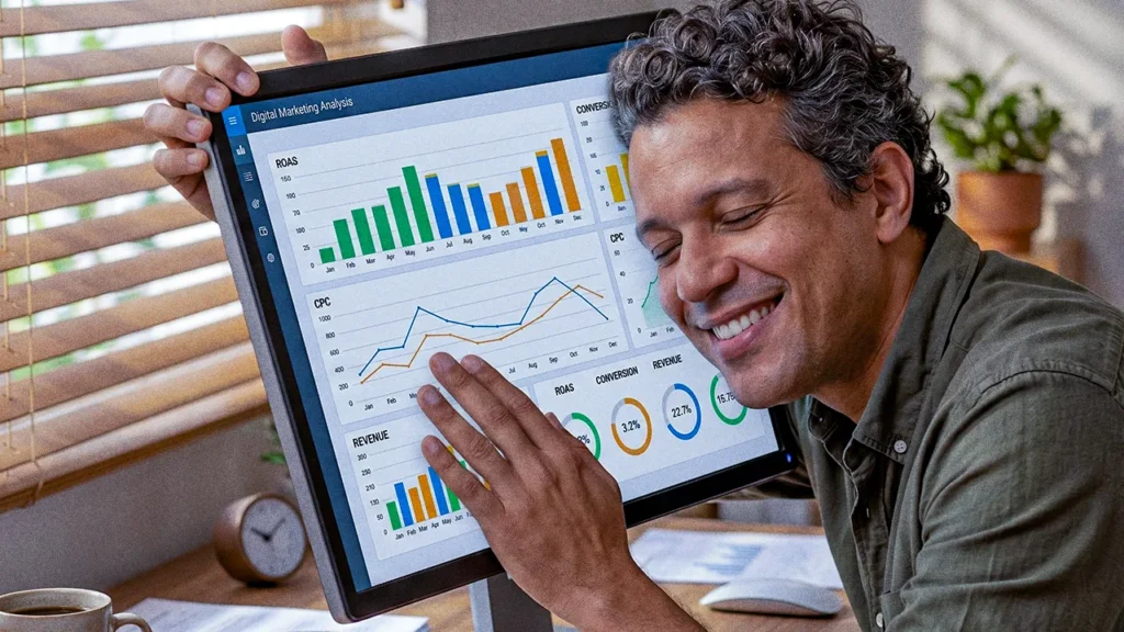 Homem sorridente de camisa verde abraça um grande monitor em um ambiente de escritório. A tela exibe gráficos coloridos mostrando o valor percebido no marketing.
