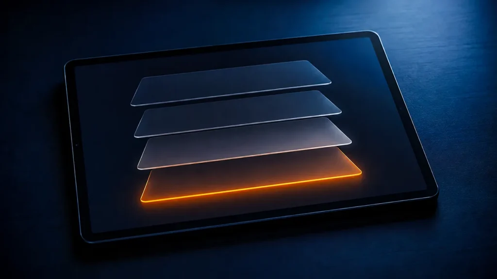 Tablet sobre uma superfície escura exibindo um gráfico 3D com quatro camadas retangulares empilhadas. A camada inferior brilha intensamente em tom laranja, contrastando com o fundo e a iluminação azulada.