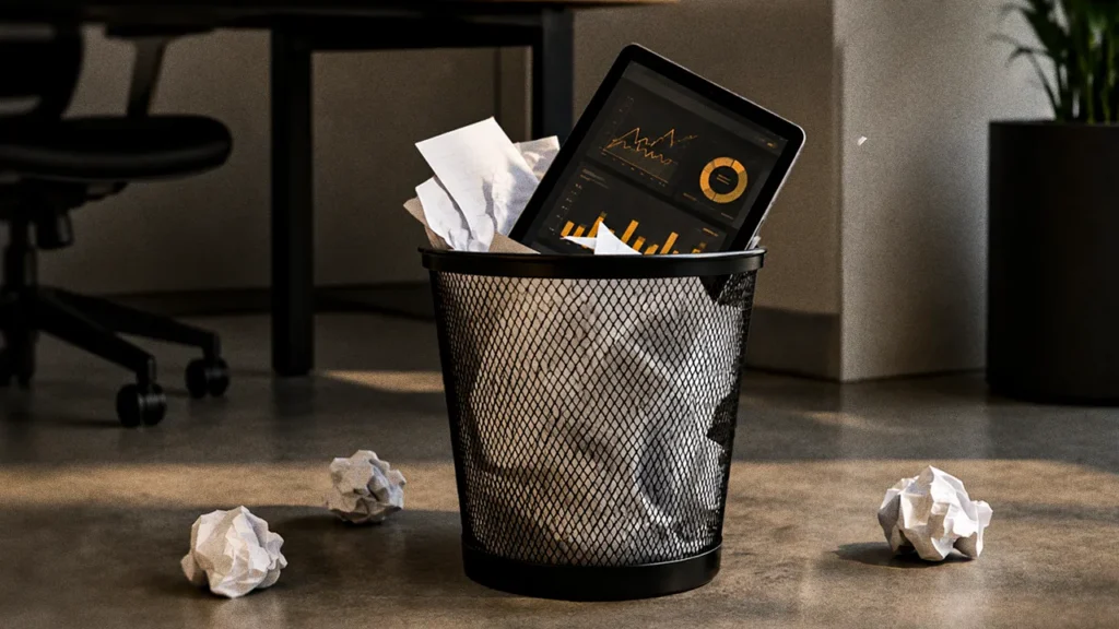 Cesto de lixo de metal preto em um escritório, cheio de papéis amassados e um tablet descartado exibindo gráficos de dados alaranjados na tela. Algumas bolas de papel estão espalhadas pelo chão ao redor da lixeira.