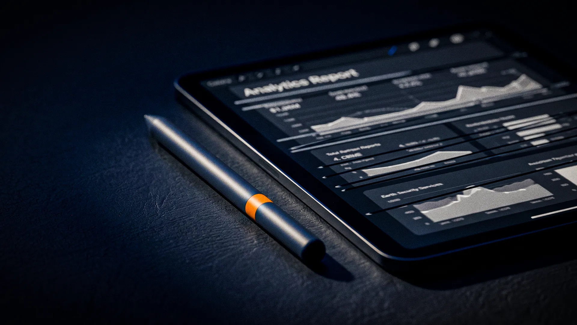 Tablet sobre uma superfície escura exibindo gráficos e o título "Analytics Report". Uma caneta digital preta com um detalhe laranja repousa ao lado do aparelho, simbolizando o valor percebido no marketing