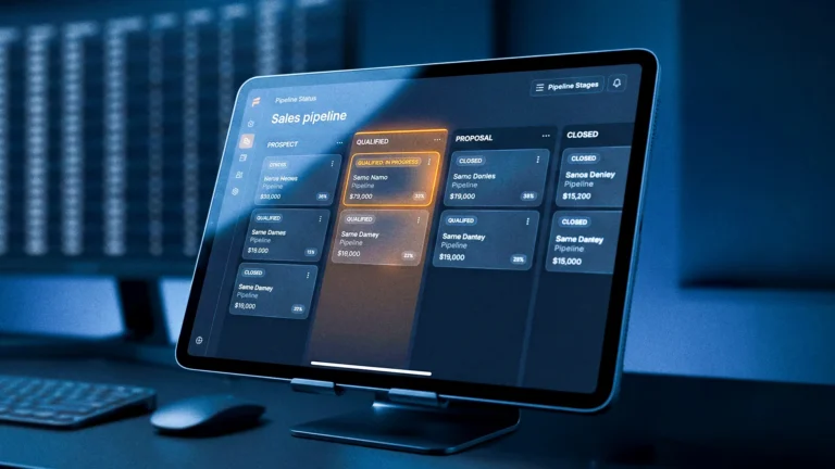 Tablet em um suporte sobre uma mesa exibindo um painel com o título "Sales pipeline" e colunas como "PROSPECT", "QUALIFIED" e "CLOSED" para mostrar os leads de feira agro.